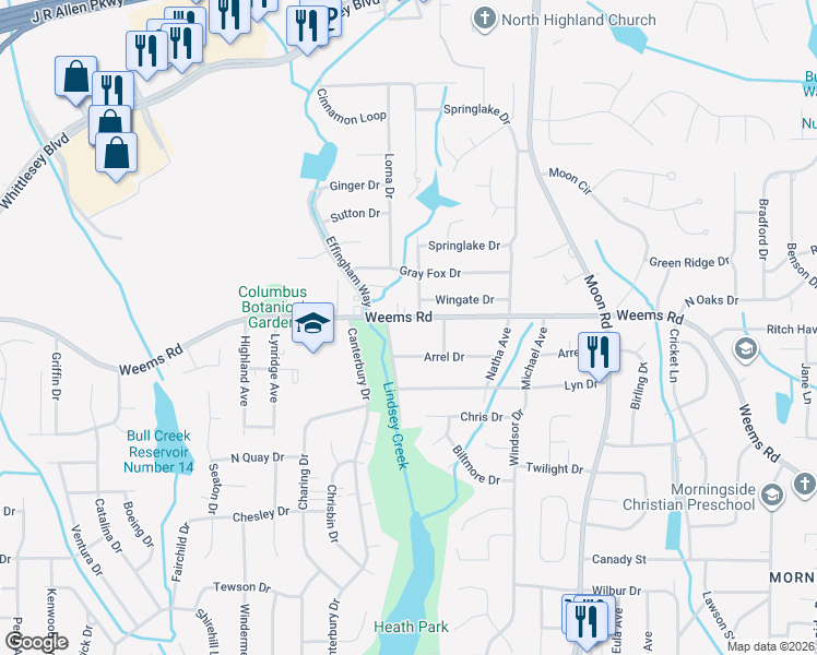 map of restaurants, bars, coffee shops, grocery stores, and more near 3616 Weems Road in Columbus