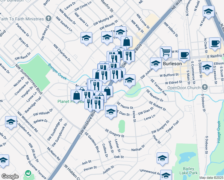 map of restaurants, bars, coffee shops, grocery stores, and more near 385-451 Highway 174 in Burleson