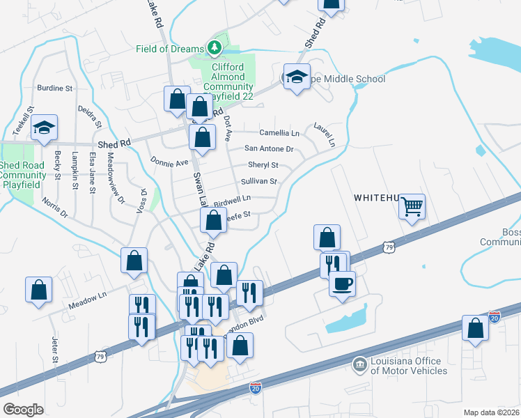 map of restaurants, bars, coffee shops, grocery stores, and more near 4809 Okeefe Street in Bossier City