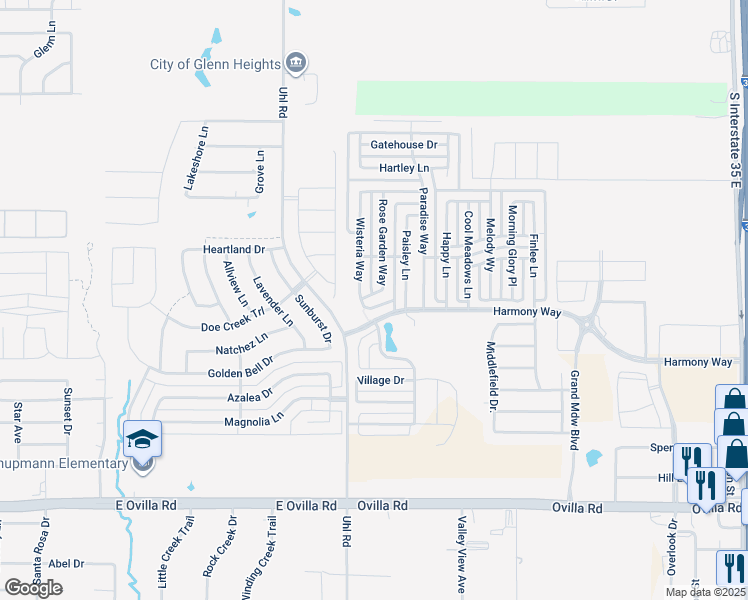 map of restaurants, bars, coffee shops, grocery stores, and more near 102 Rose Garden Way in Red Oak