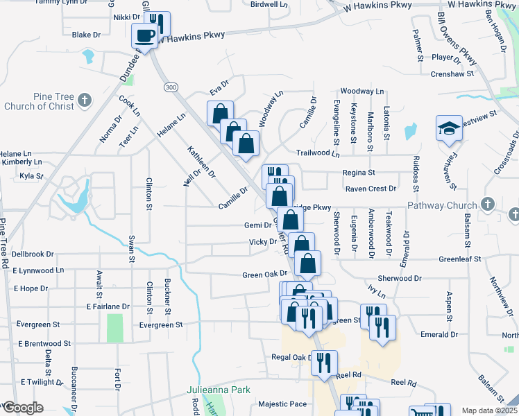 map of restaurants, bars, coffee shops, grocery stores, and more near 2905 Gilmer Road in Longview