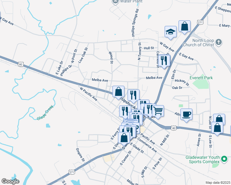 map of restaurants, bars, coffee shops, grocery stores, and more near 519 West Marshall Avenue in Gladewater