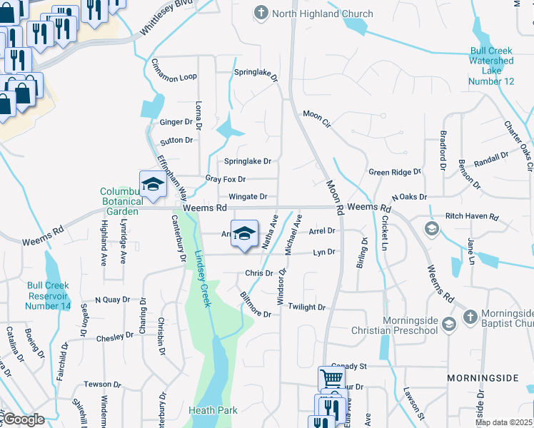 map of restaurants, bars, coffee shops, grocery stores, and more near 3676 Weems Road in Columbus