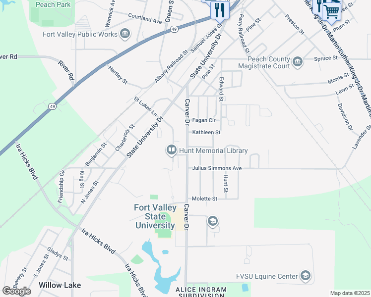 map of restaurants, bars, coffee shops, grocery stores, and more near 600 Carver Drive in Fort Valley