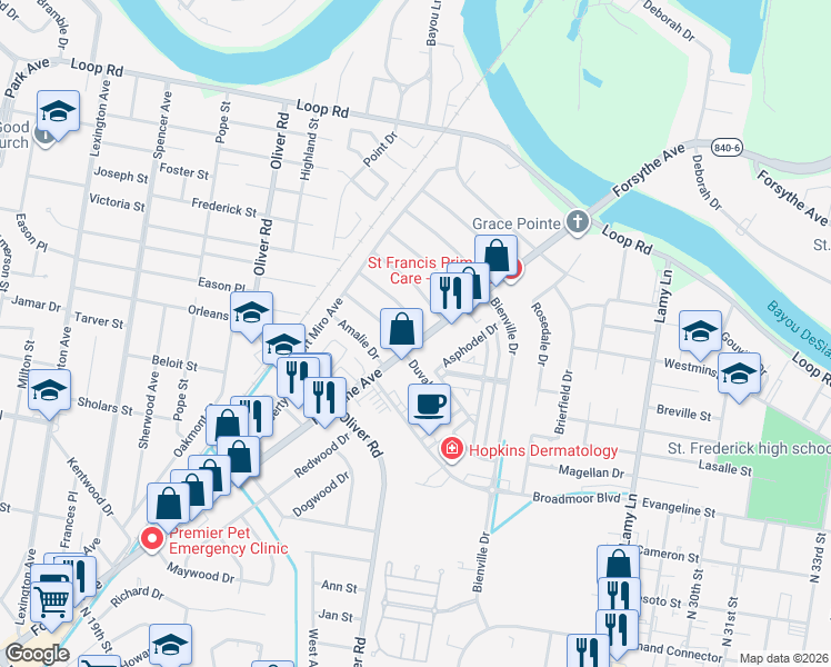 map of restaurants, bars, coffee shops, grocery stores, and more near 2605 Forsythe Avenue in Monroe