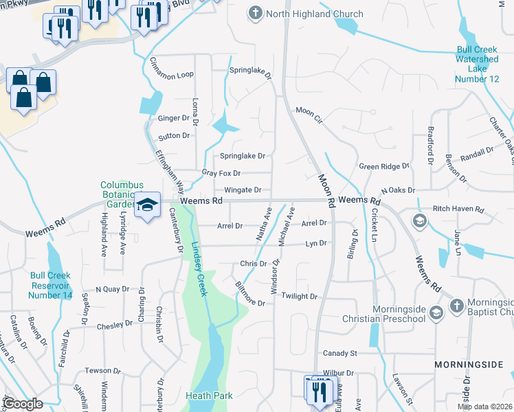 map of restaurants, bars, coffee shops, grocery stores, and more near 3676 Weems Road in Columbus