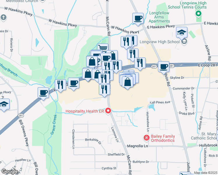 map of restaurants, bars, coffee shops, grocery stores, and more near Longview Mall in Longview