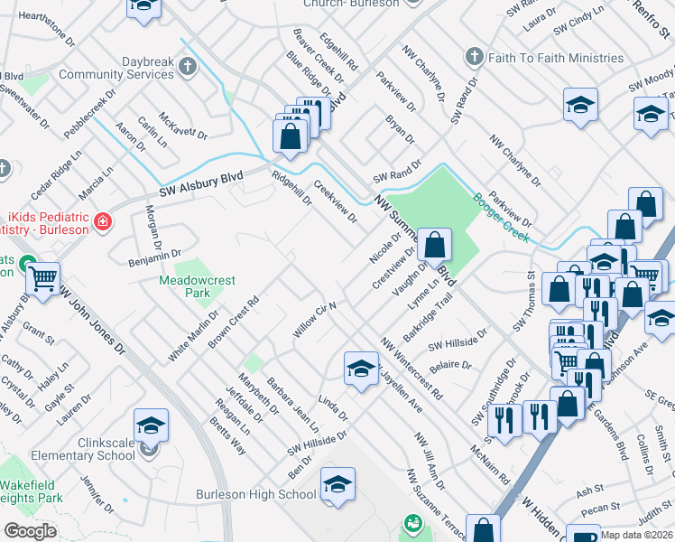 map of restaurants, bars, coffee shops, grocery stores, and more near 825 Crestmont Drive in Burleson