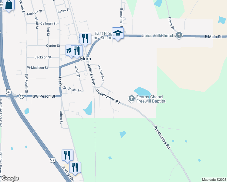 map of restaurants, bars, coffee shops, grocery stores, and more near 124 Burden Street in Flora