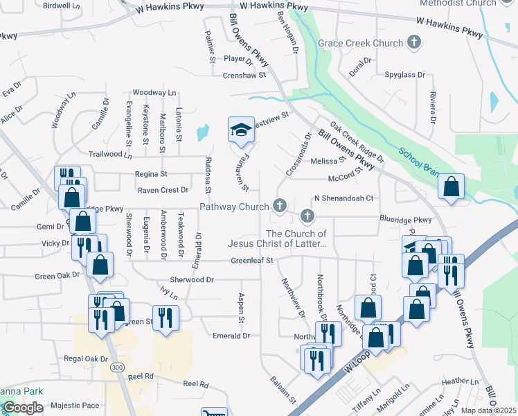 map of restaurants, bars, coffee shops, grocery stores, and more near 1398 Blueridge Parkway in Longview