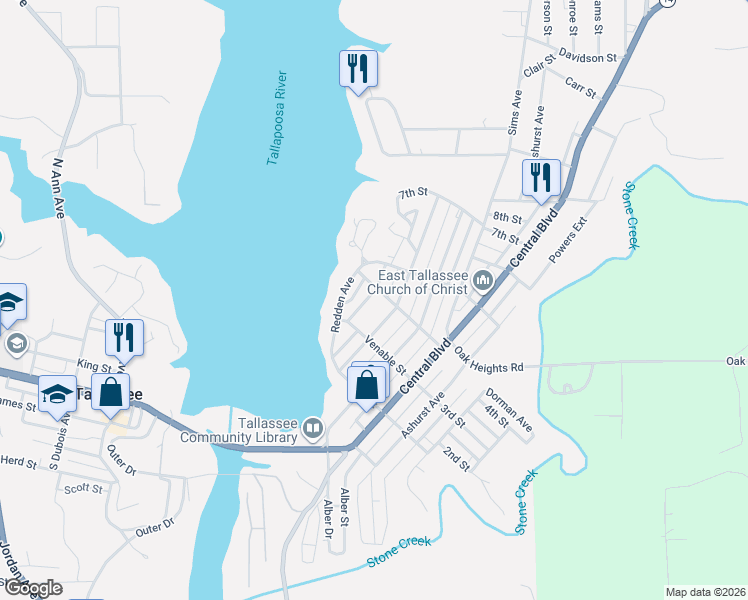 map of restaurants, bars, coffee shops, grocery stores, and more near 307 Benson Avenue in Tallassee