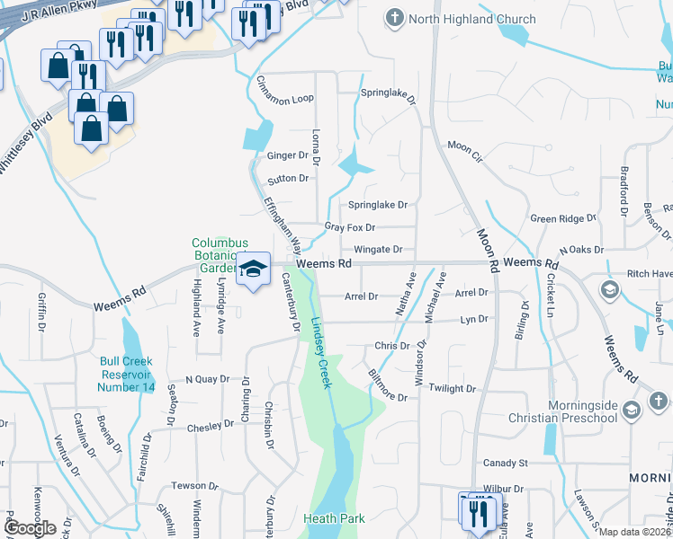 map of restaurants, bars, coffee shops, grocery stores, and more near 3616 Weems Road in Columbus