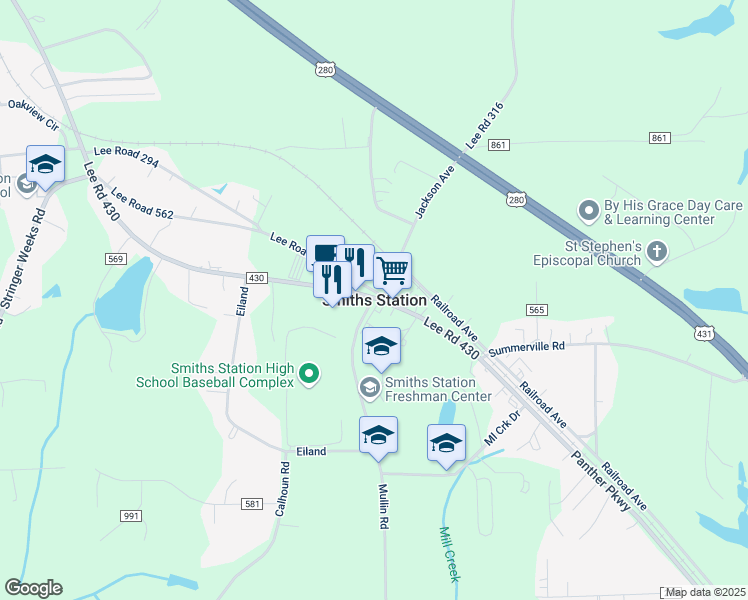 map of restaurants, bars, coffee shops, grocery stores, and more near in Smiths Station