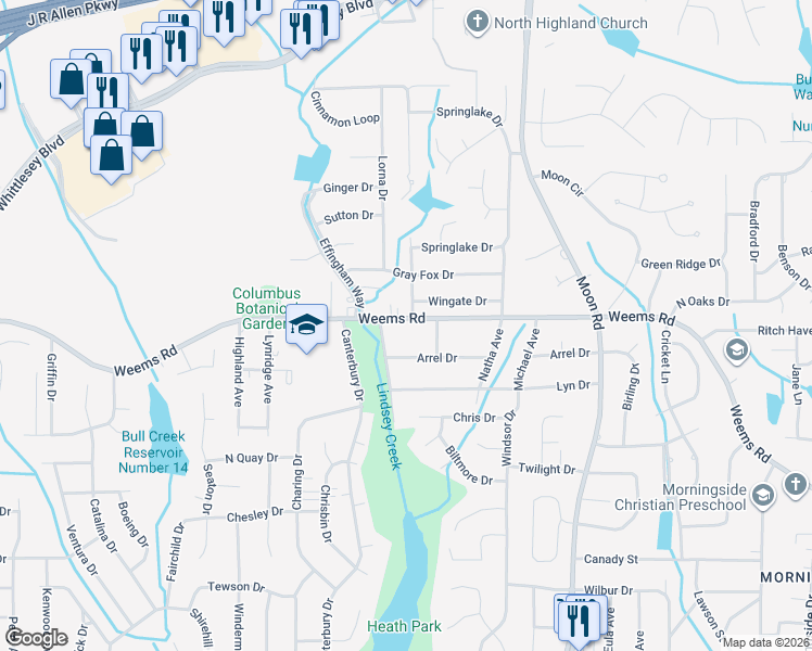map of restaurants, bars, coffee shops, grocery stores, and more near 3616 Weems Road in Columbus