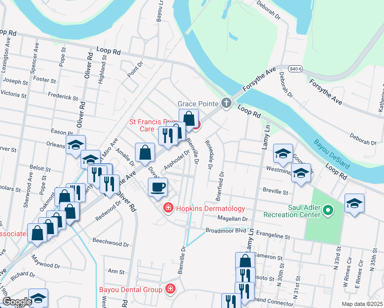 map of restaurants, bars, coffee shops, grocery stores, and more near 2121 Bienville Drive in Monroe