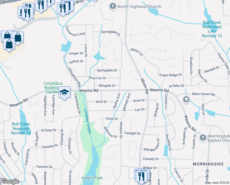 map of restaurants, bars, coffee shops, grocery stores, and more near 3676 Weems Road in Columbus