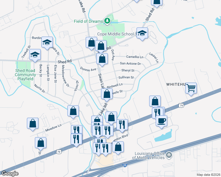 map of restaurants, bars, coffee shops, grocery stores, and more near 4708 Birdwell Lane in Bossier City
