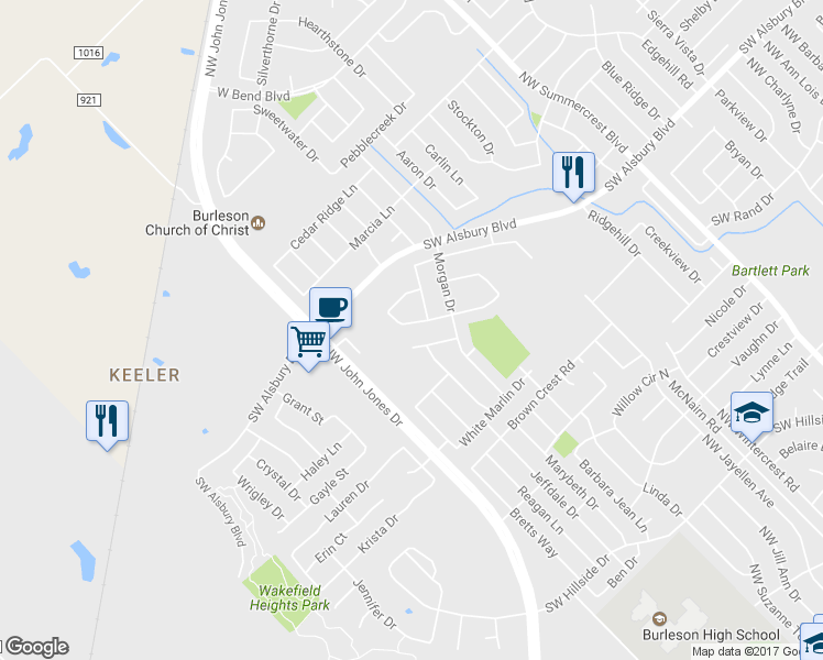 map of restaurants, bars, coffee shops, grocery stores, and more near 1013 Benjamin Drive in Burleson