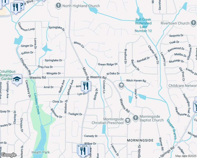 map of restaurants, bars, coffee shops, grocery stores, and more near 4210 Weems Road in Columbus