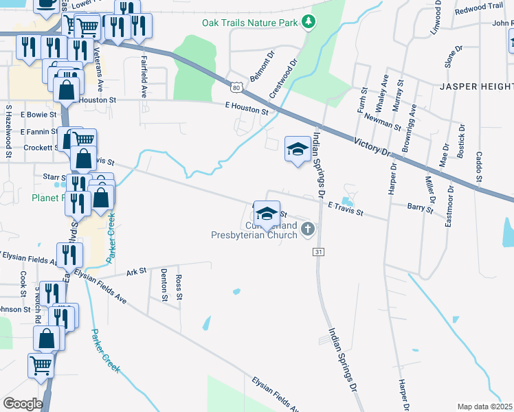 map of restaurants, bars, coffee shops, grocery stores, and more near 2195-2799 E Travis St in Marshall