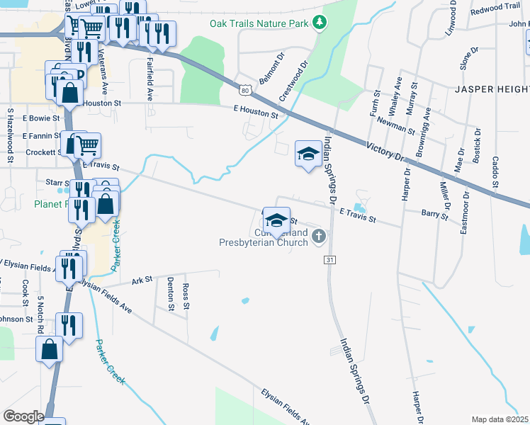 map of restaurants, bars, coffee shops, grocery stores, and more near 2195-2799 E Travis St in Marshall