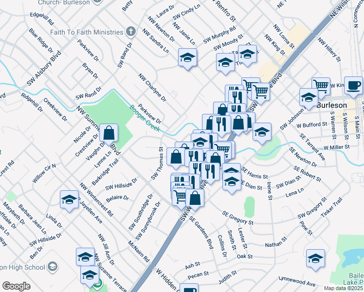 map of restaurants, bars, coffee shops, grocery stores, and more near 265 Market Street in Burleson