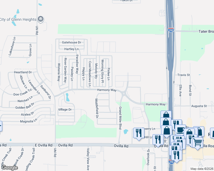 map of restaurants, bars, coffee shops, grocery stores, and more near 1600 Uhl Road in Red Oak