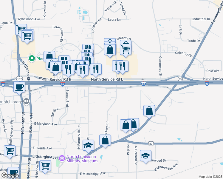 map of restaurants, bars, coffee shops, grocery stores, and more near 1011 Willow Glen Drive in Ruston