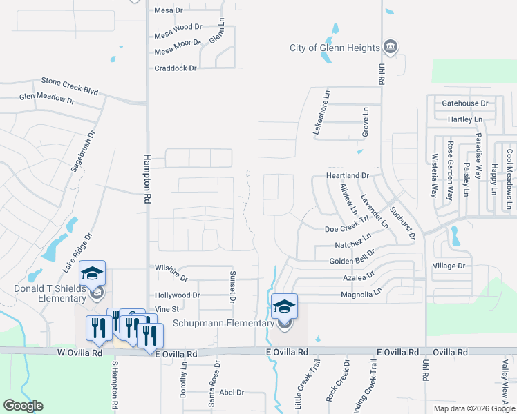 map of restaurants, bars, coffee shops, grocery stores, and more near 2506 Castle Ridge Drive in Glenn Heights