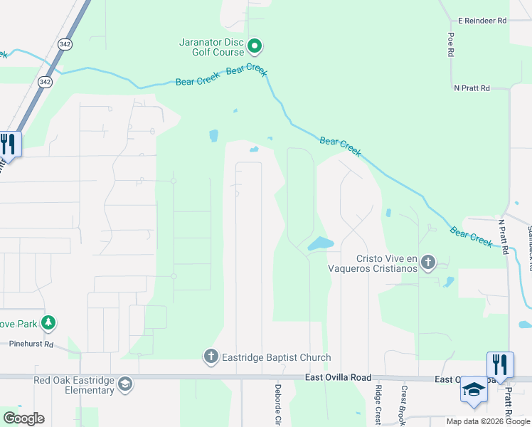 map of restaurants, bars, coffee shops, grocery stores, and more near 214 Prairie Creek Road in Red Oak