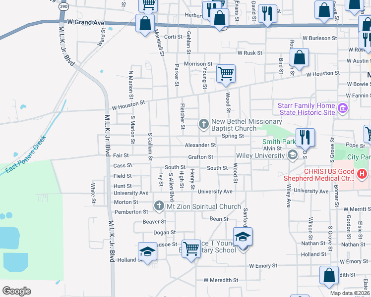 map of restaurants, bars, coffee shops, grocery stores, and more near 1900 Alexander Street in Marshall