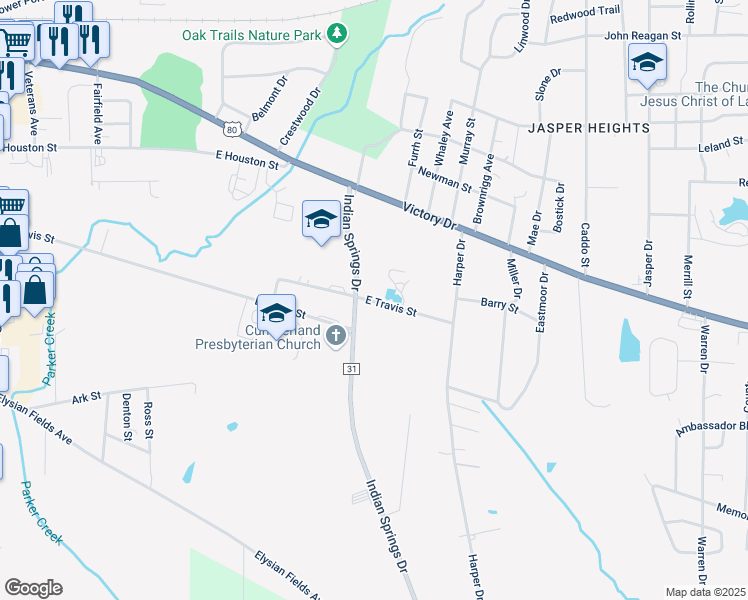 map of restaurants, bars, coffee shops, grocery stores, and more near 3003 East Travis Street in Marshall