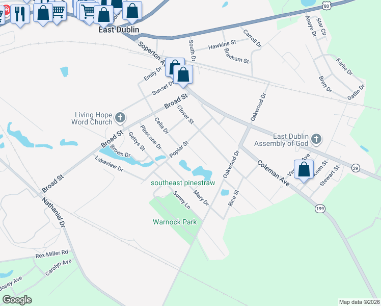 map of restaurants, bars, coffee shops, grocery stores, and more near 103 Dwayne Drive in East Dublin