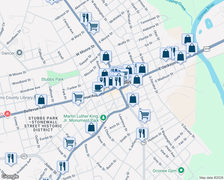 map of restaurants, bars, coffee shops, grocery stores, and more near 112 West Jackson Street in Dublin