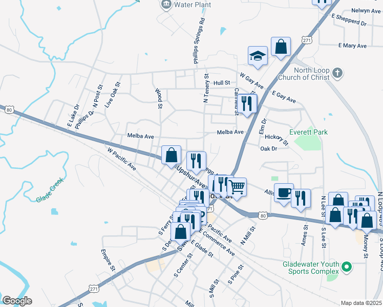 map of restaurants, bars, coffee shops, grocery stores, and more near 309 North Cotton Street in Gladewater