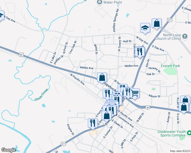 map of restaurants, bars, coffee shops, grocery stores, and more near 301-305 Woodrow St in Gladewater