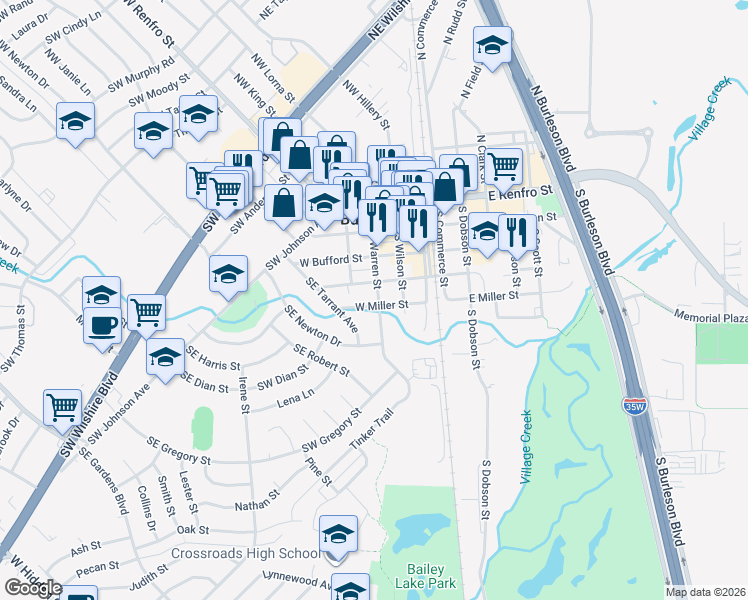 map of restaurants, bars, coffee shops, grocery stores, and more near 240 S Warren St in Burleson