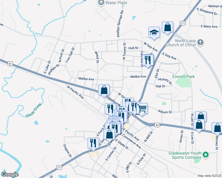 map of restaurants, bars, coffee shops, grocery stores, and more near 309 N Cotton St in Gladewater
