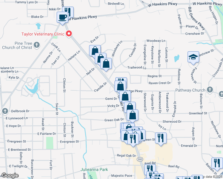 map of restaurants, bars, coffee shops, grocery stores, and more near 2905 Gilmer Road in Longview