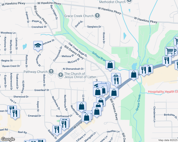 map of restaurants, bars, coffee shops, grocery stores, and more near 24 Wellington Drive in Longview