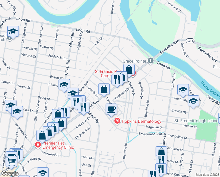 map of restaurants, bars, coffee shops, grocery stores, and more near 2605 Forsythe Avenue in Monroe