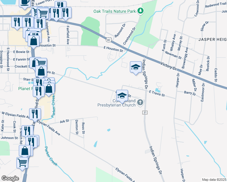 map of restaurants, bars, coffee shops, grocery stores, and more near 2195-2799 East Travis Street in Marshall