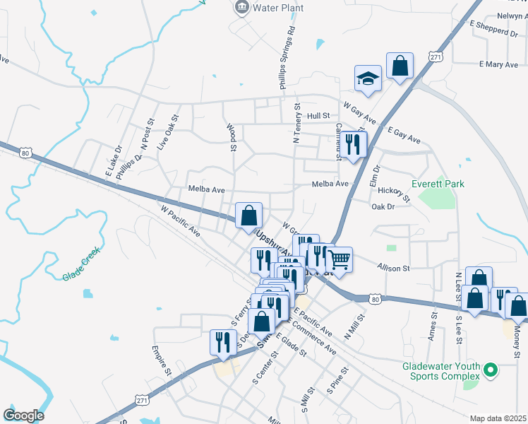 map of restaurants, bars, coffee shops, grocery stores, and more near 309 North Cotton Street in Gladewater