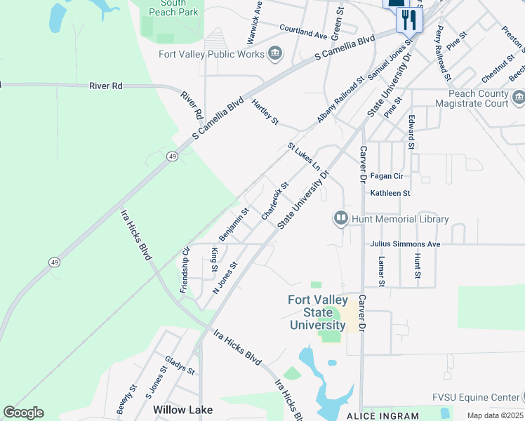 map of restaurants, bars, coffee shops, grocery stores, and more near 202 Stanley Street in Fort Valley