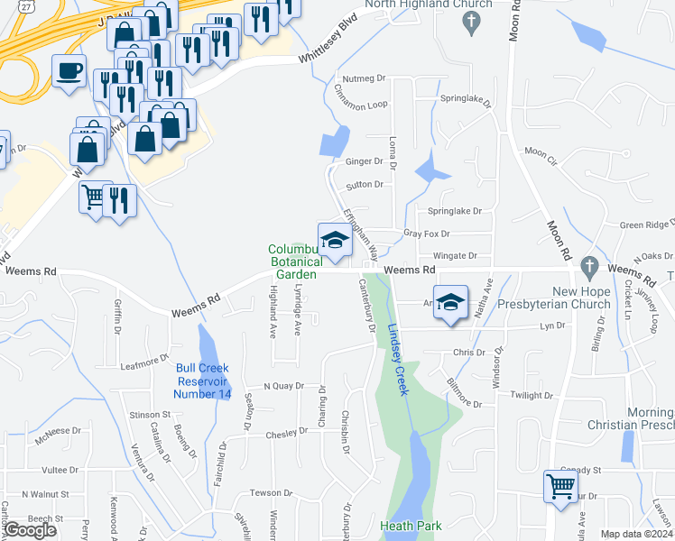 map of restaurants, bars, coffee shops, grocery stores, and more near 3288-3298 Weems Road in Columbus