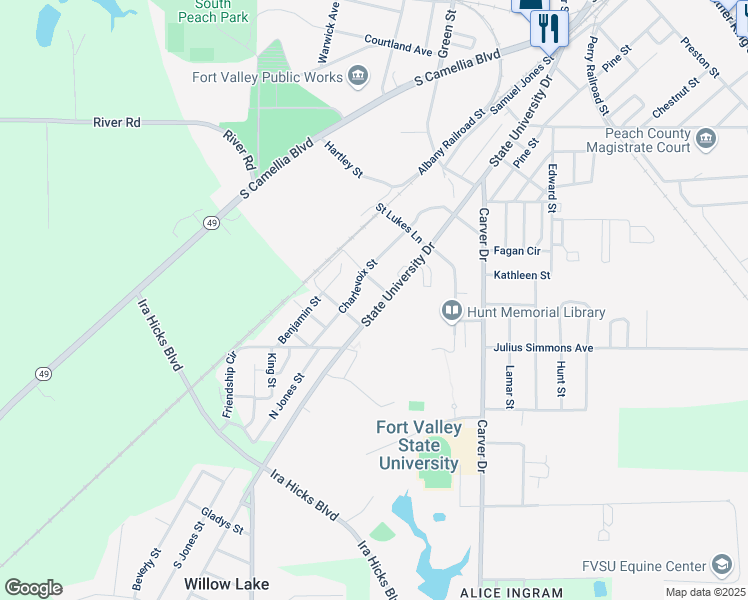 map of restaurants, bars, coffee shops, grocery stores, and more near 1104 State University Drive in Fort Valley
