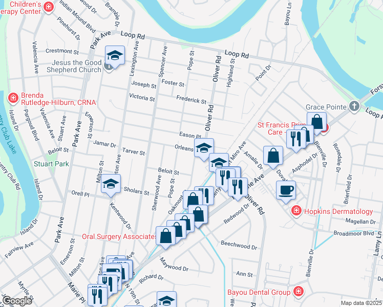 map of restaurants, bars, coffee shops, grocery stores, and more near 409 Orleans St in Monroe