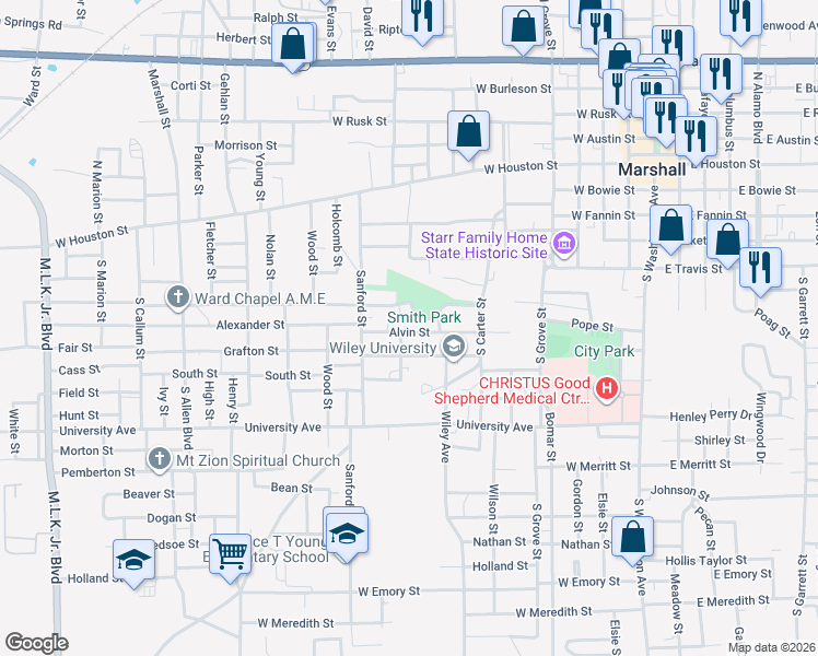 map of restaurants, bars, coffee shops, grocery stores, and more near 1005 Alvin Street in Marshall