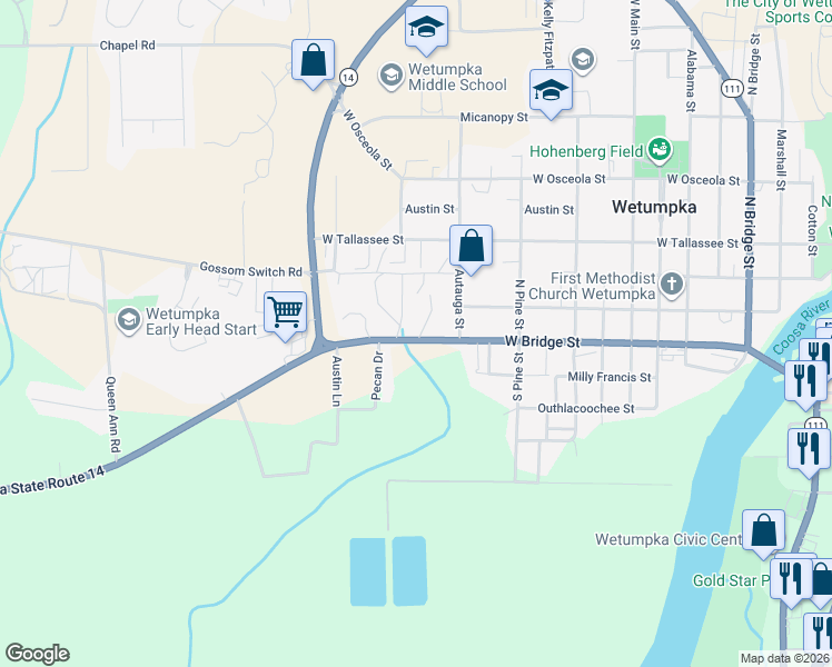 map of restaurants, bars, coffee shops, grocery stores, and more near 1004 West Bridge Street in Wetumpka