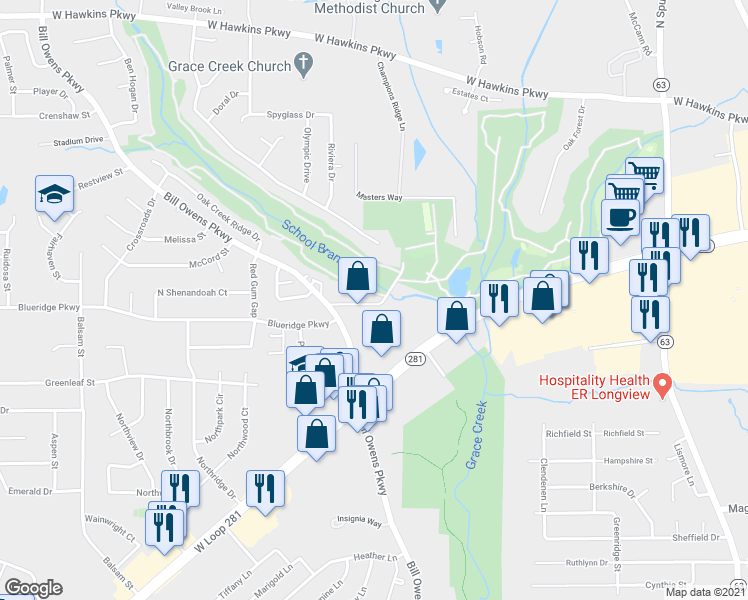 map of restaurants, bars, coffee shops, grocery stores, and more near 2023 Oak Forest Country Club Road in Longview